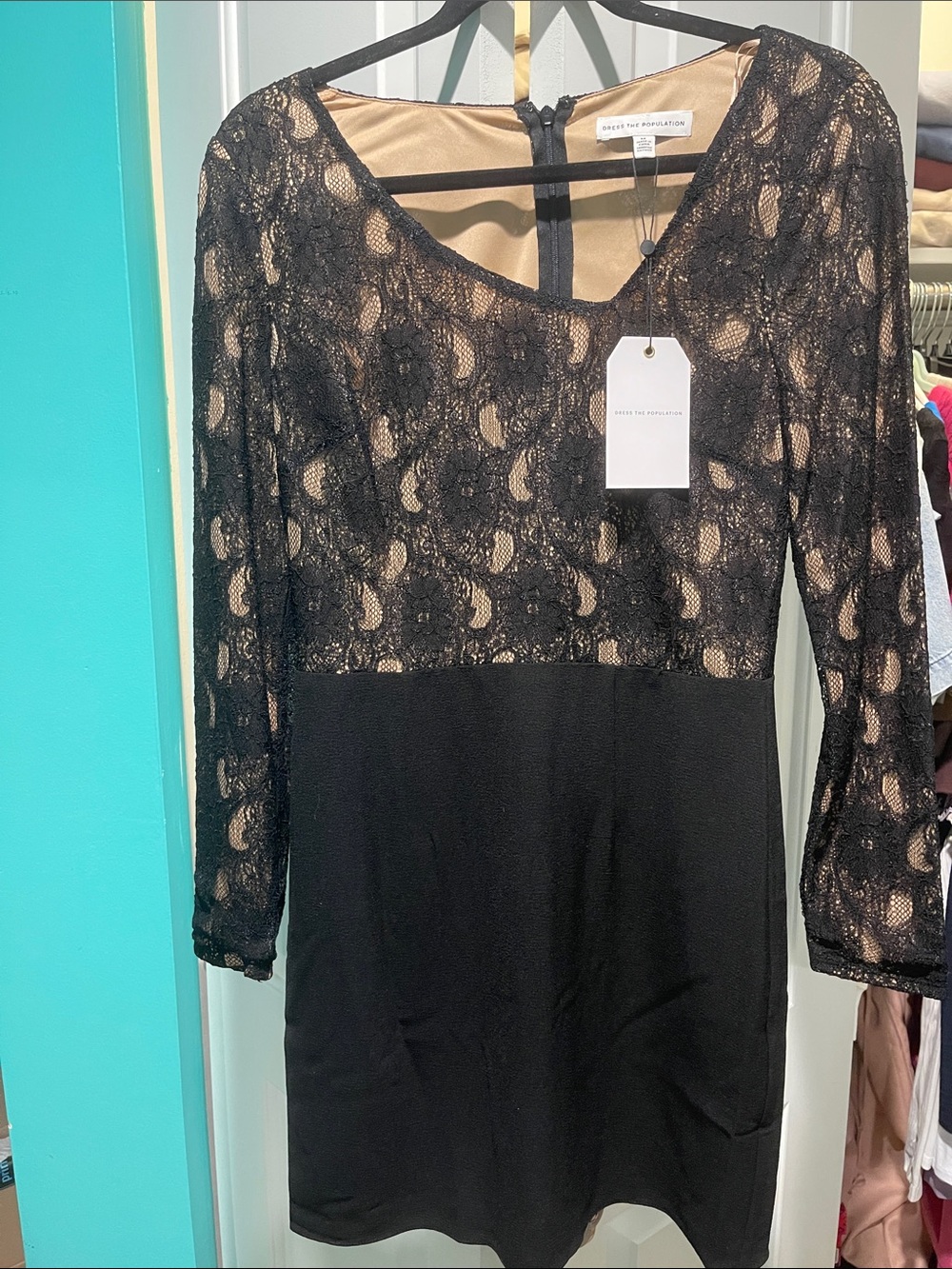 Dress the Population Black Lace & Nude Lined Asymmetrical Dress